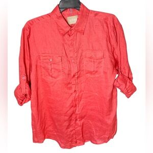 Bruno New York Men’s 100% Linen Coral Red Button Down Top Roll Tab Sleeves Sz L